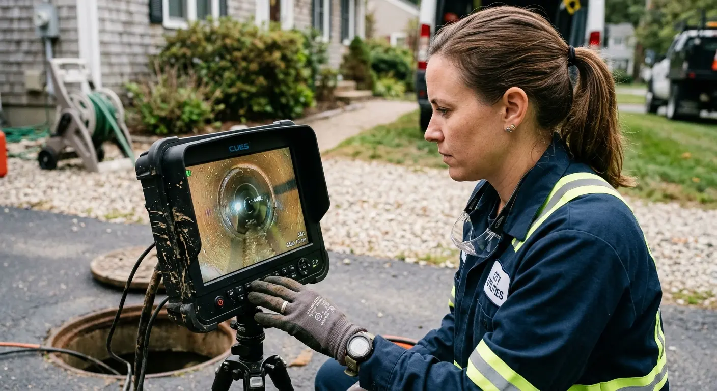 Technician reviewing sewer camera inspection footage in McNair