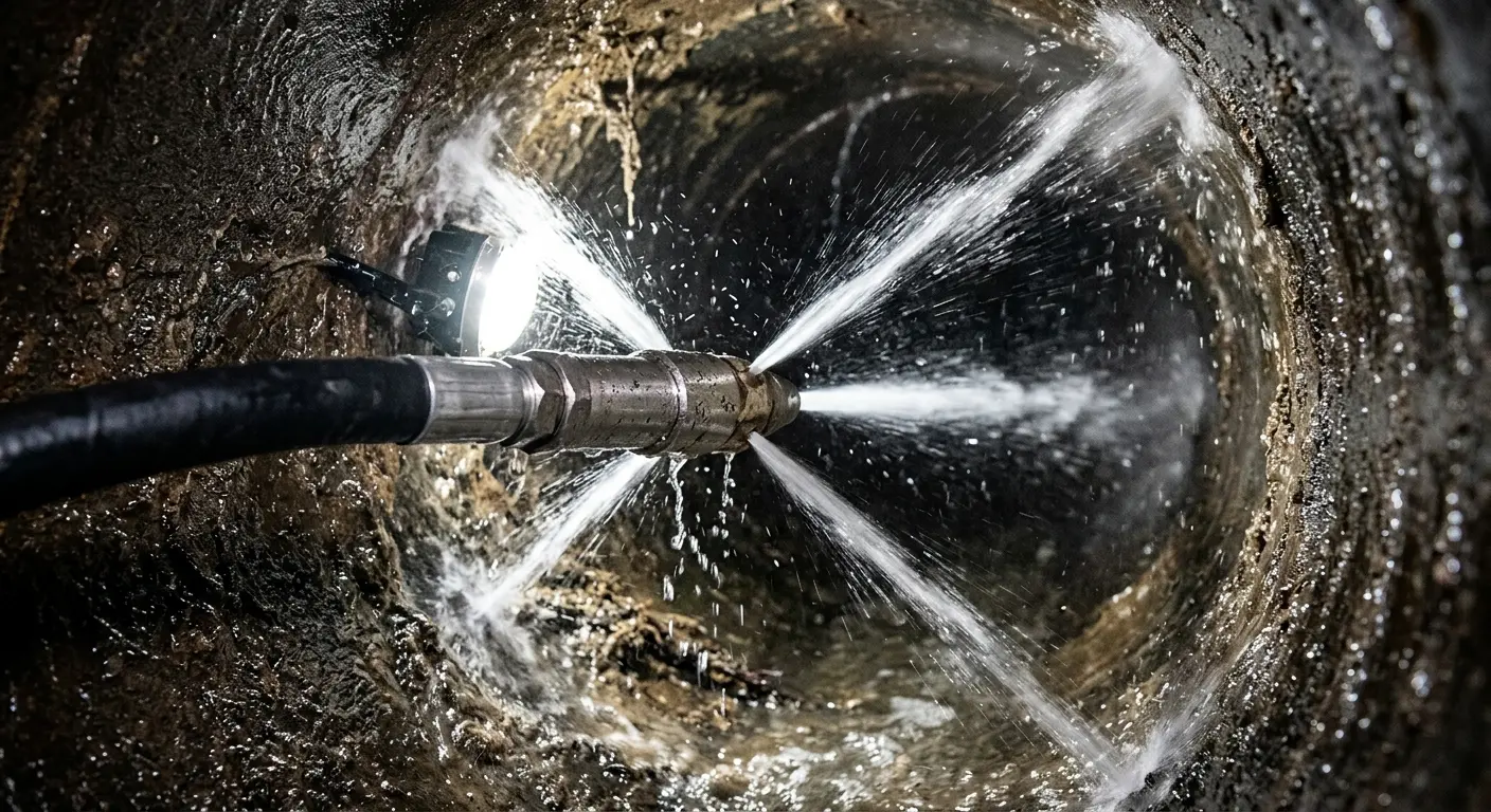 High-pressure hydro jetting nozzle cleaning sewer pipe for Sewer Cleanout in McNair