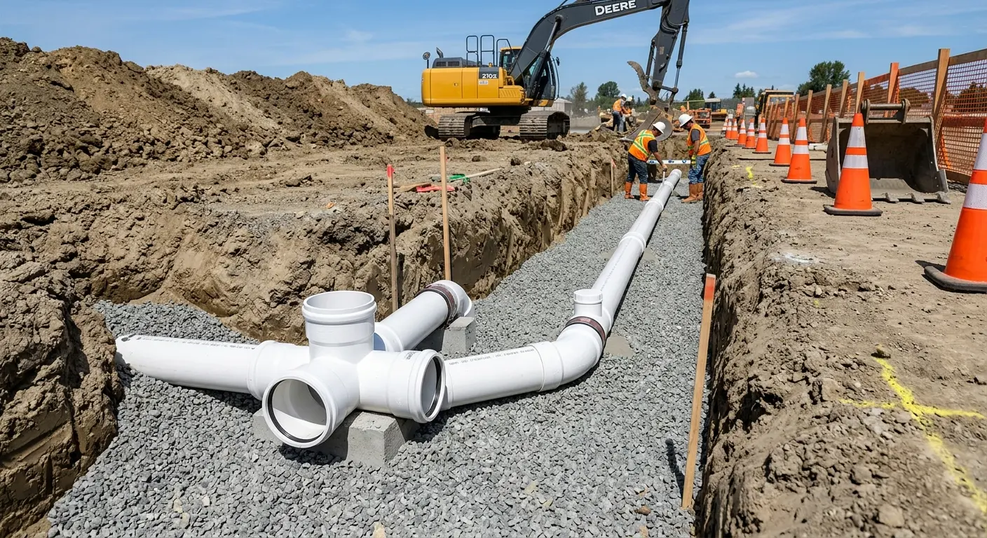 New PVC sewer pipe installation in open trench for Grease Trap Cleaning in McNair