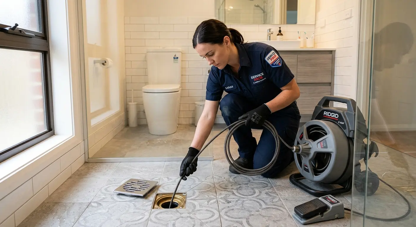 Technician clearing a bathroom floor drain for Drain Cleaning in McNair